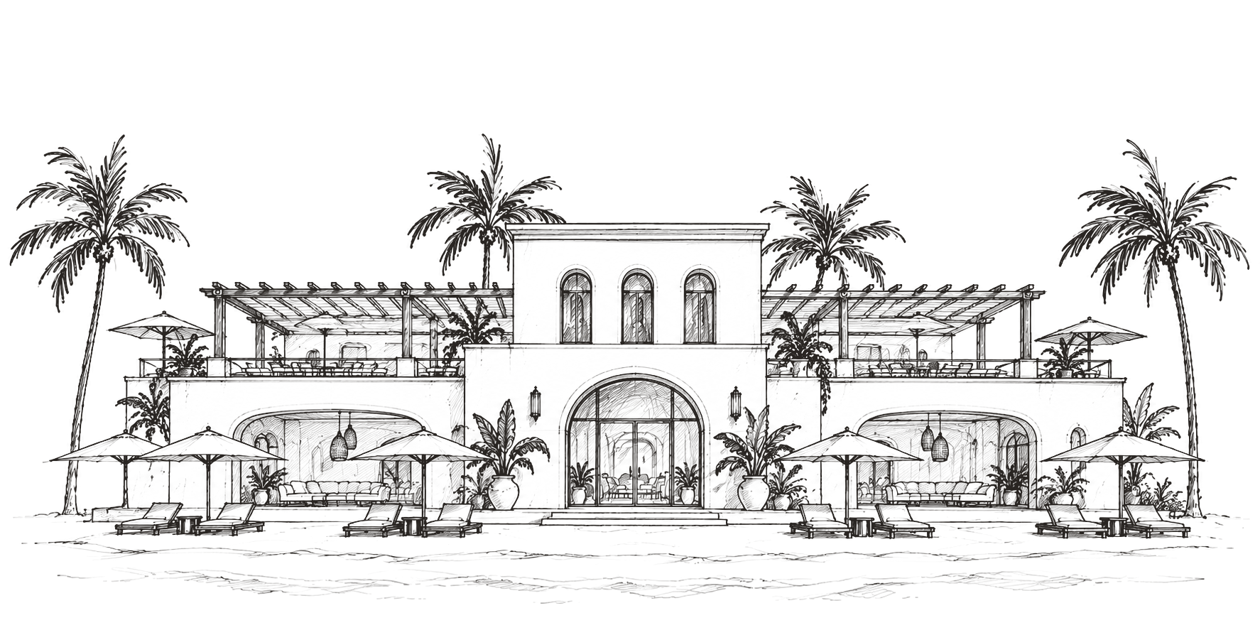 Hand-drawn architectural sketch of the Casual Fridays Mediterranean beach clubhouse